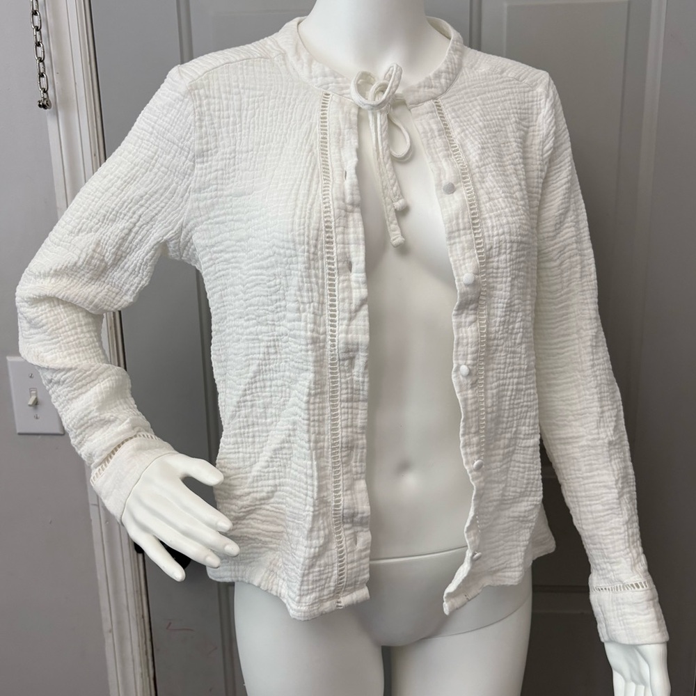 Saks Fifth Avenue White Terry Cloth Tie-Neck Blouse